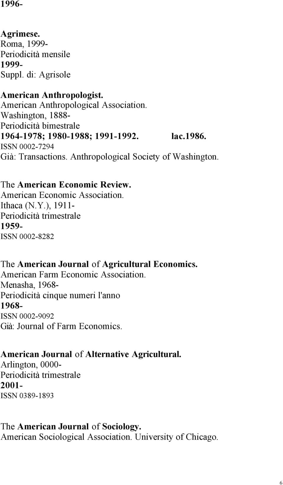 The American Economic Review. American Economic Association. Ithaca (N.Y.), 1911-1959- ISSN 0002-8282 The American Journal of Agricultural Economics. American Farm Economic Association.