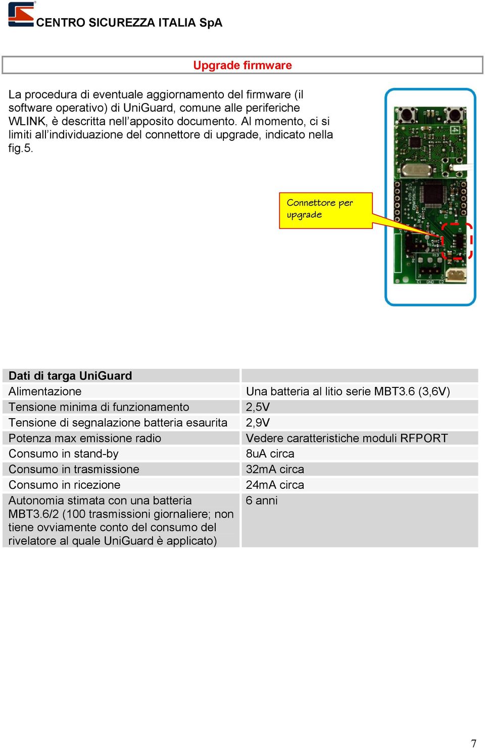 6 (3,6V) Tensione minima di funzionamento 2,5V Tensione di segnalazione batteria esaurita 2,9V Potenza max emissione radio Vedere caratteristiche moduli RFPORT Consumo in stand-by 8uA circa