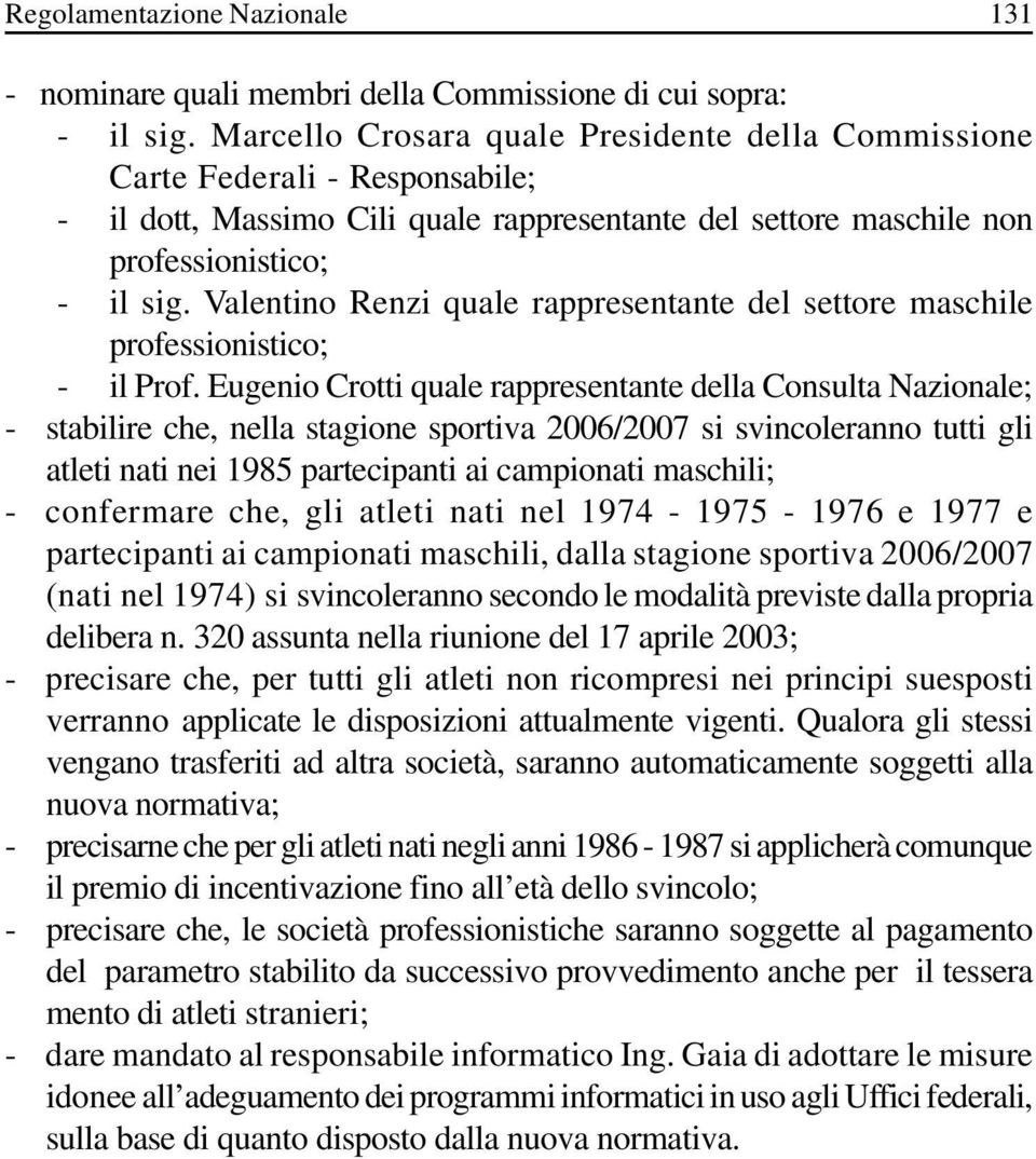 Valentino Renzi quale rappresentante del settore maschile professionistico; - il Prof.