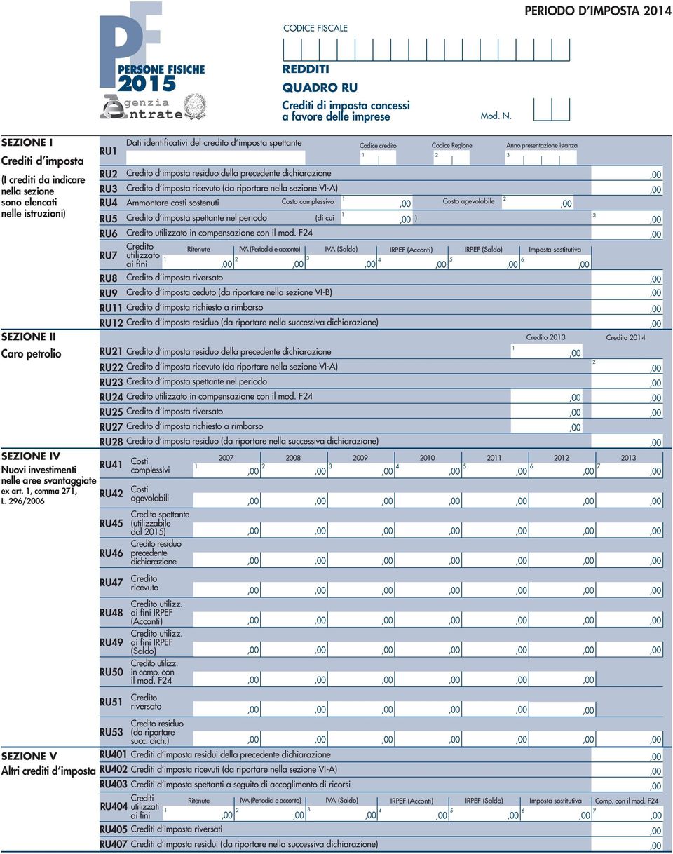 /00 RU Dati identificativi del credito d imposta spettante Codice credito Codice Regione Anno presentazione istanza RU Credito d imposta residuo della precedente dichiarazione RU Credito d imposta