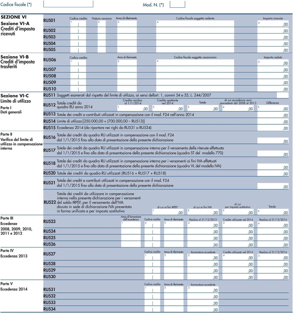 compensazione interna Parte III Eccedenze 00, 00, 00, 0 e 0 Parte IV Eccedenza 0 Parte V Eccedenza 0 RU0 RU0 RU0 RU0 RU0 RU0 RU RU Totale dei crediti da quadro RU utilizzati in compensazione con il