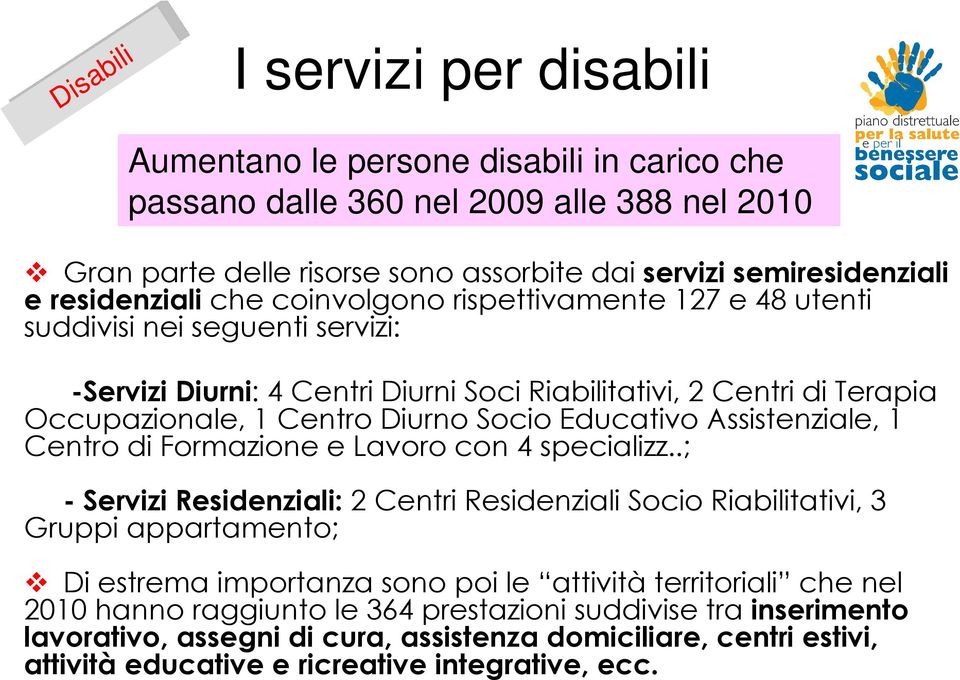 Socio Educativo Assistenziale, 1 Centro di Formazione e Lavoro con 4 specializz.