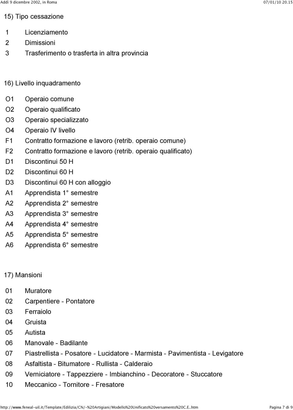 operaio qualificato) Discontinui 50 H Discontinui 60 H Discontinui 60 H con alloggio Apprendista 1 semestre Apprendista 2 semestre Apprendista 3 semestre Apprendista 4 semestre Apprendista 5 semestre