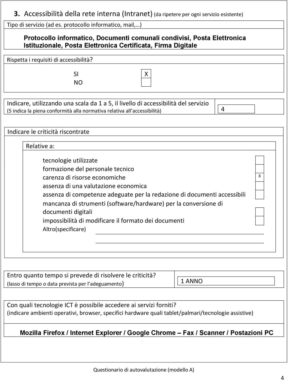 Indicare, utilizzand una scala da 1 a 5, il livell di accessibilità del servizi (5 indica la piena cnfrmità alla nrmativa relativa all accessibilità) 4 Indicare le criticità riscntrate Relative a: