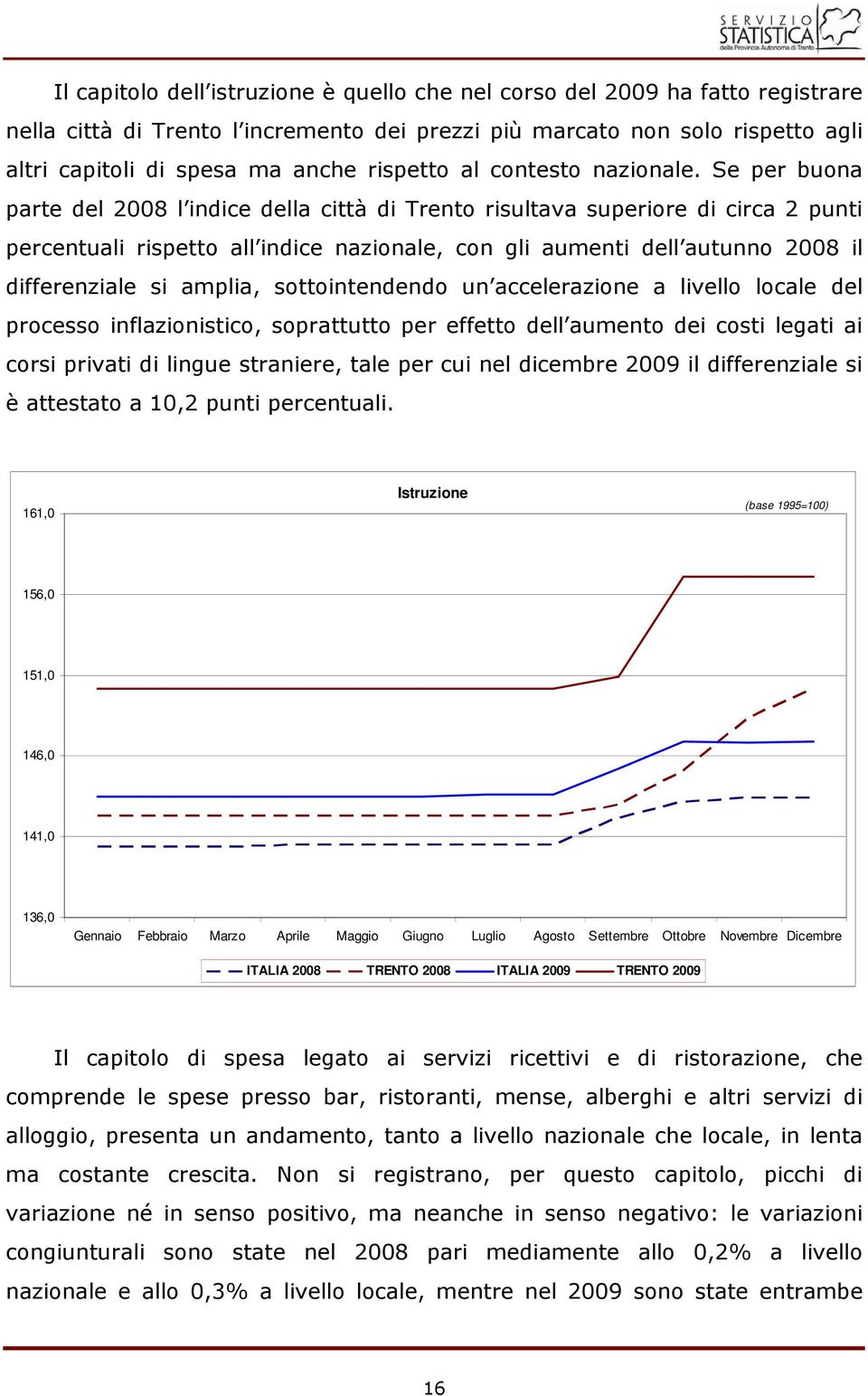 Se per buona parte del 2008 l indice della città di Trento risultava superiore di circa 2 punti percentuali rispetto all indice nazionale, con gli aumenti dell autunno 2008 il differenziale si