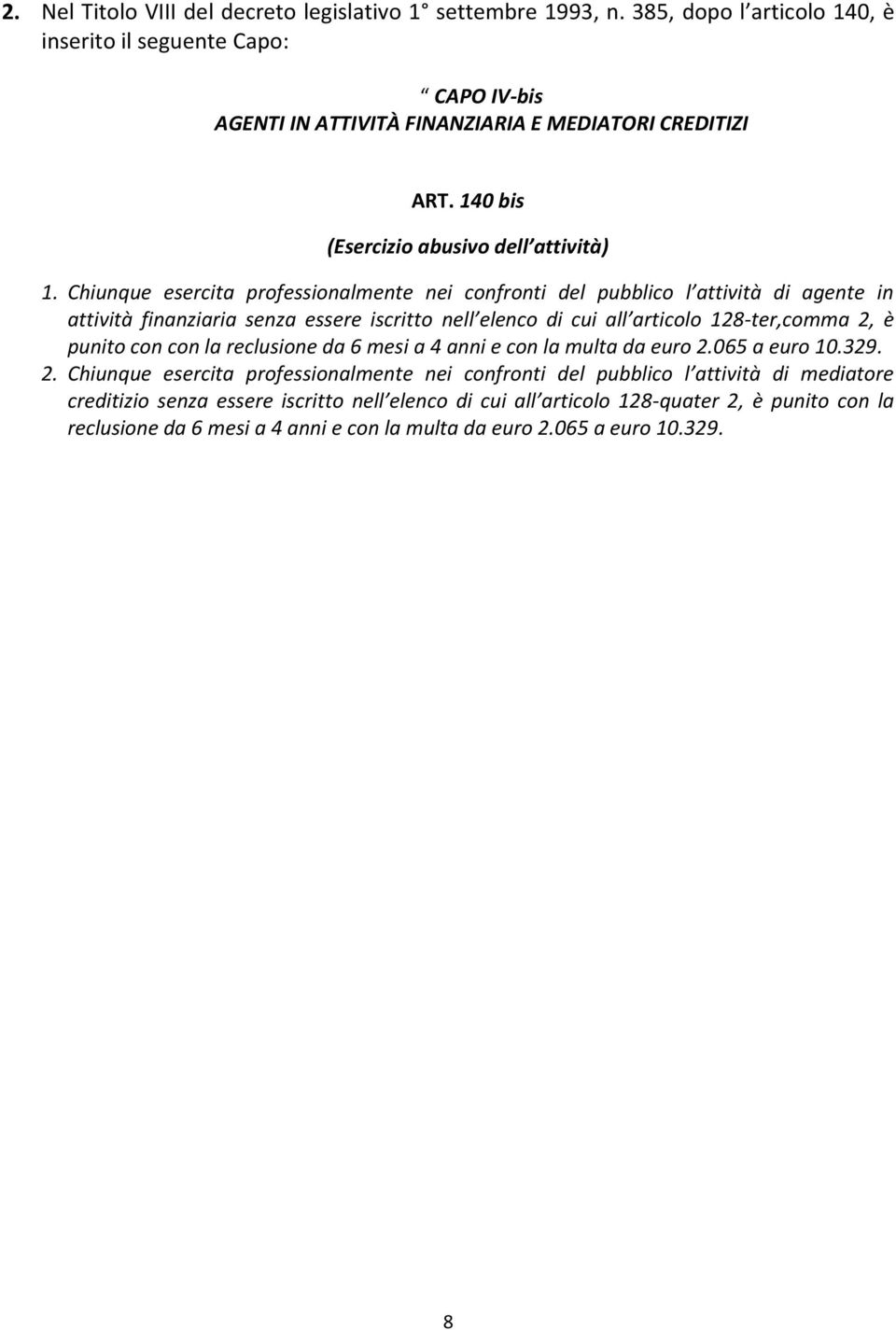 Chiunque esercita professionalmente nei confronti del pubblico l attività di agente in attività finanziaria senza essere iscritto nell elenco di cui all articolo 128-ter,comma 2, è punito con