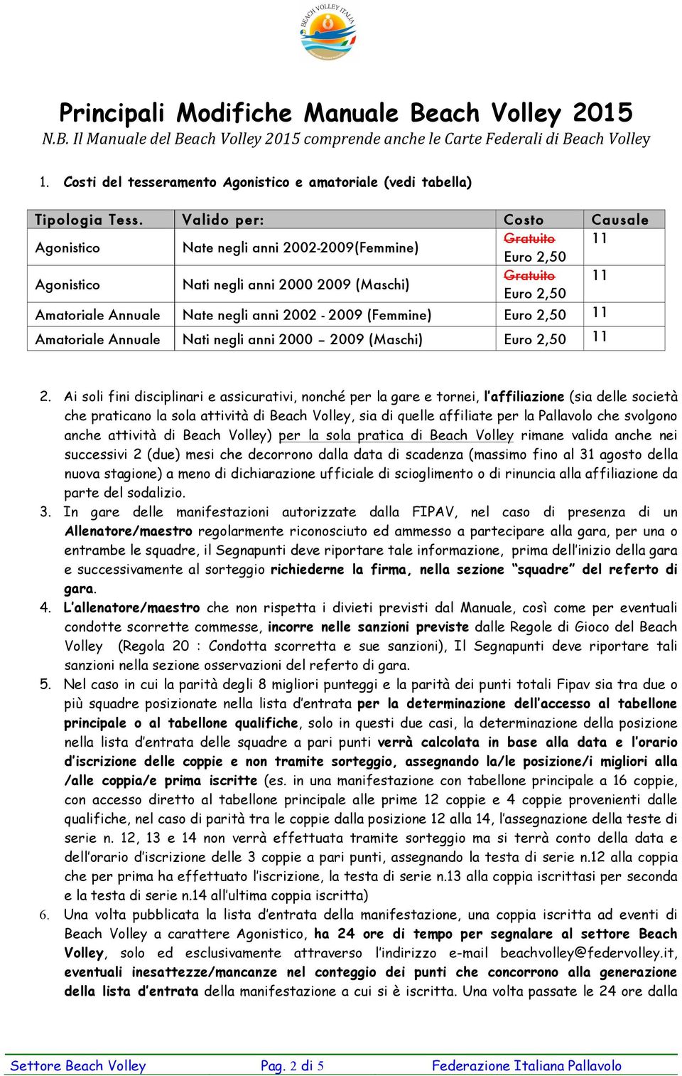 Valido per: Costo Causale Agonistico Nate negli anni 2002-2009(Femmine) Gratuito 11 Euro 2,50 Agonistico Nati negli anni 2000 2009 (Maschi) Gratuito 11 Euro 2,50 Amatoriale Annuale Nate negli anni