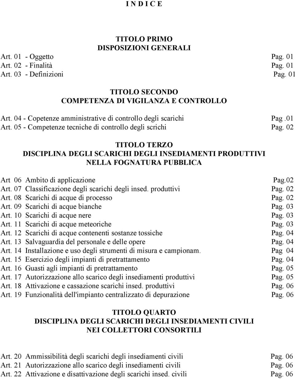 02 TITOLO TERZO DISCIPLINA DEGLI SCARICHI DEGLI INSEDIAMENTI PRODUTTIVI NELLA FOGNATURA PUBBLICA Art 06 Ambito di applicazione Pag.02 Art. 07 Classificazione degli scarichi degli insed.