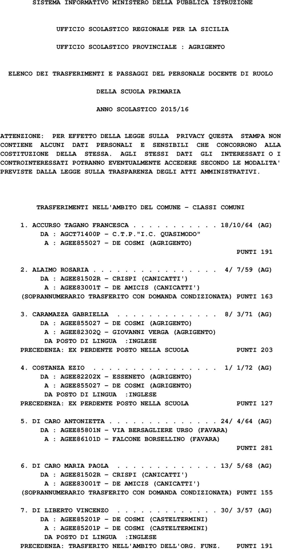 COSTITUZIONE DELLA STESSA. AGLI STESSI DATI GLI INTERESSATI O I CONTROINTERESSATI POTRANNO EVENTUALMENTE ACCEDERE SECONDO LE MODALITA' PREVISTE DALLA LEGGE SULLA TRASPARENZA DEGLI ATTI AMMINISTRATIVI.