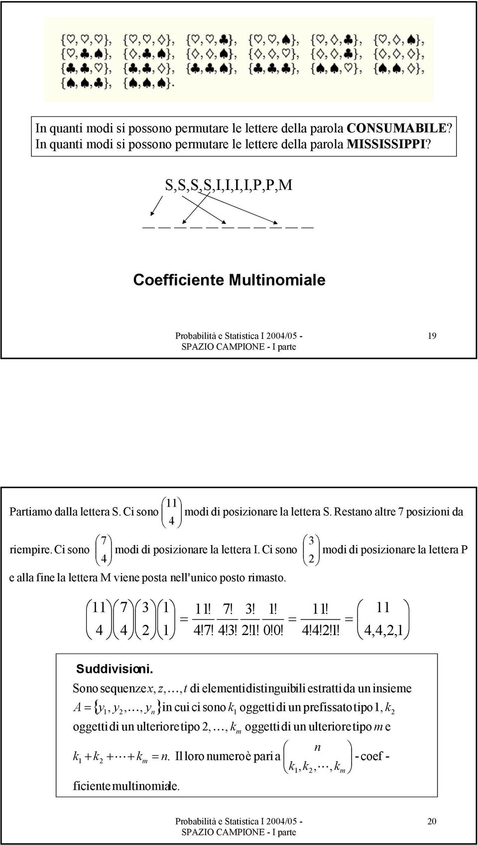 Ci soo modi di posizioare la lettera I. Ci soo modi di posizioare la lettera P 4 e alla fie la lettera M viee posta ell'uico posto rimasto. 7 3 = 4 4 Suddivisioi.