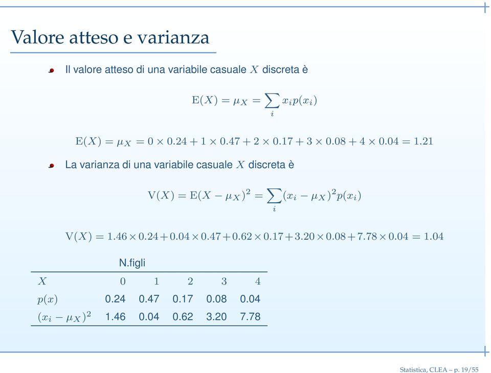 = i x i p(x i ) E(X) = µ X =.24 + 1.47 + 2.17 + 3.8 + 4.4 = 1.