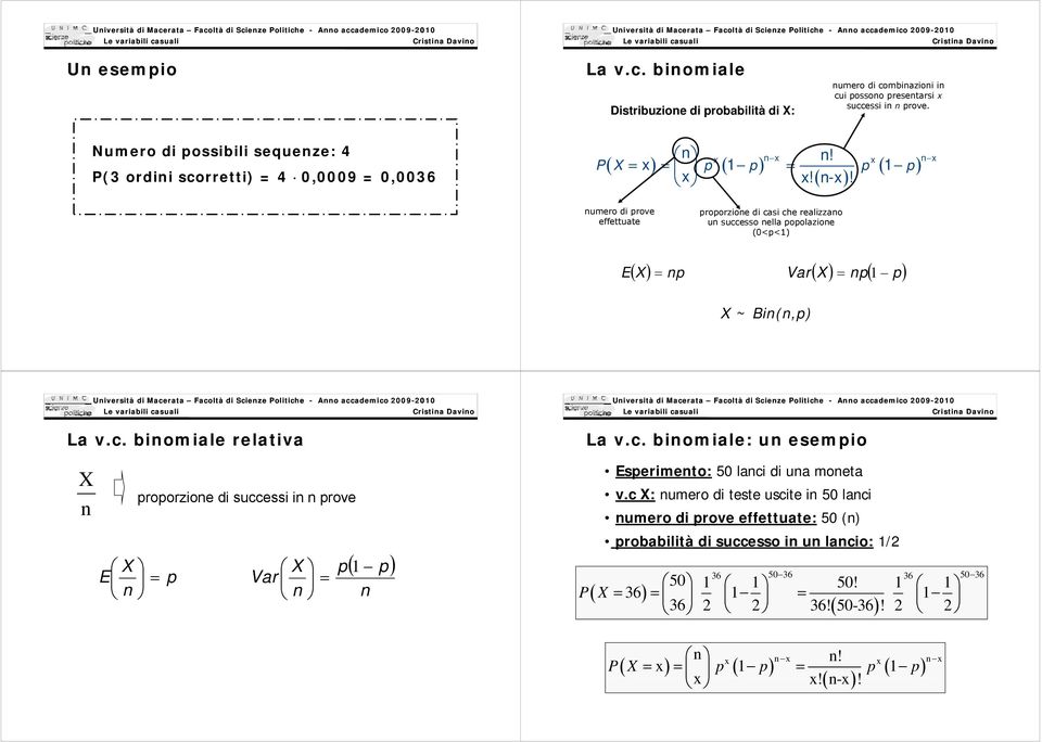 n numero di prove effettuate proporzione di casi che realizzano un successo nella popolazione p (0<p<) E np Var np p ~ Bin(n,p) Università di Macerata Facoltà di Scienze Politiche - Anno accademico