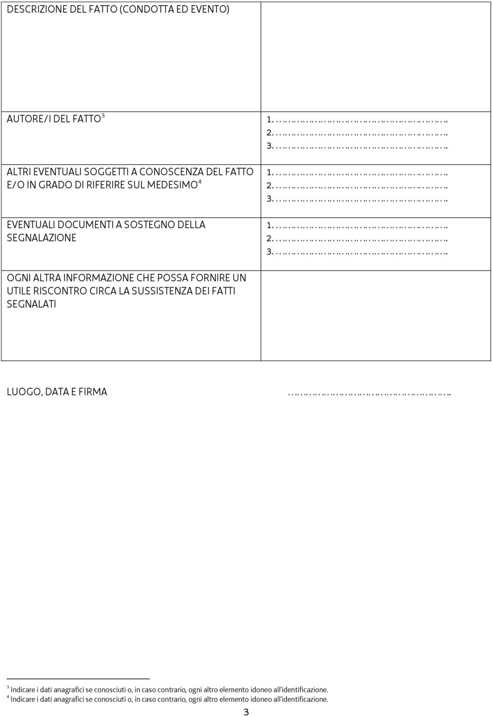 . 1.. 2.. 3.. 1.. 2.. 3.. OGNI ALTRA INFORMAZIONE CHE POSSA FORNIRE UN UTILE RISCONTRO CIRCA LA SUSSISTENZA DEI FATTI SEGNALATI LUOGO, DATA E FIRMA.