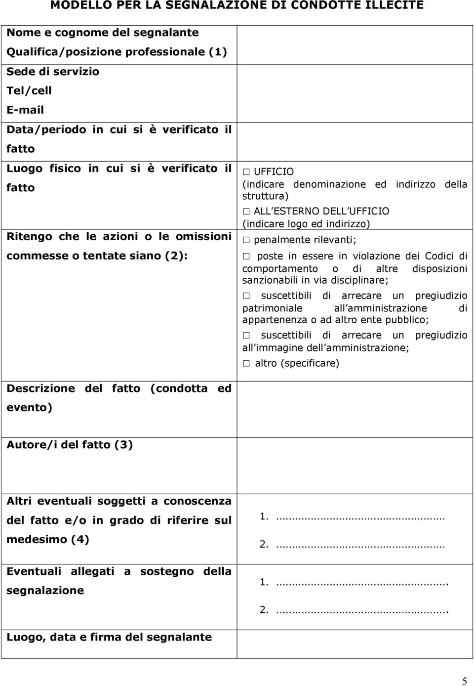 (indicare logo ed indirizzo) penalmente rilevanti; poste in essere in violazione dei Codici di comportamento o di altre disposizioni sanzionabili in via disciplinare; suscettibili di arrecare un