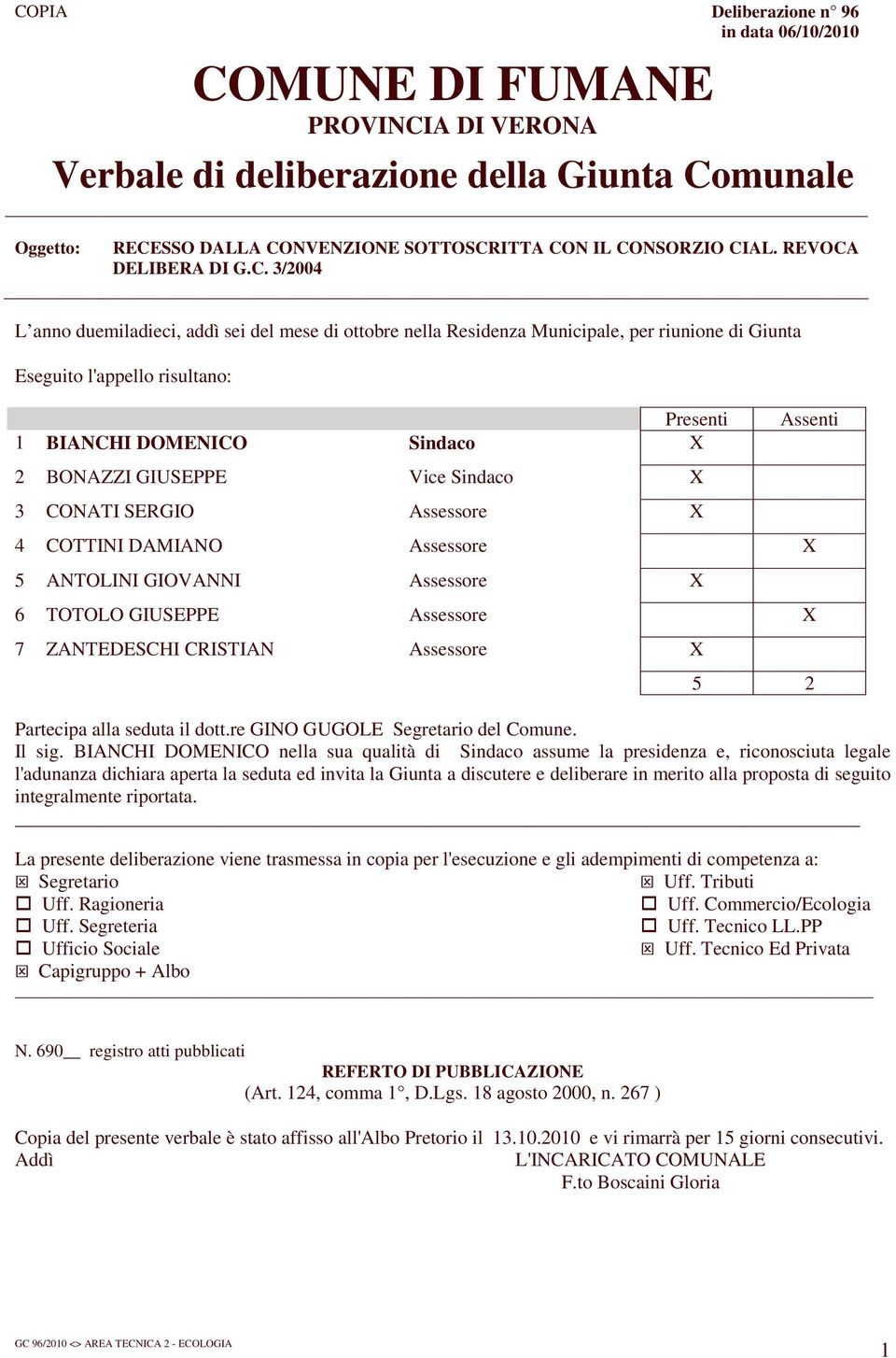 Assessore X 5 ANTOLINI GIOVANNI Assessore X 6 TOTOLO GIUSEPPE Assessore X 7 ZANTEDESCHI CRISTIAN Assessore X Assenti 5 2 Partecipa alla seduta il dott.re GINO GUGOLE Segretario del Comune. Il sig.