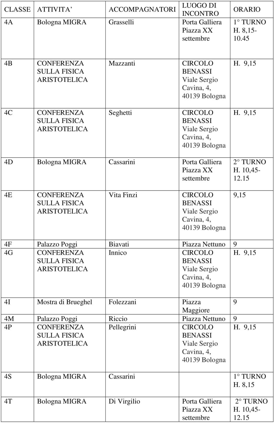 15 E CONFERENZA Vita Finzi Cavina,, 0139 9,15 F Palazzo Poggi Biavati Piazza Nettuno 9 G CONFERENZA Innico Cavina,, 0139 H.