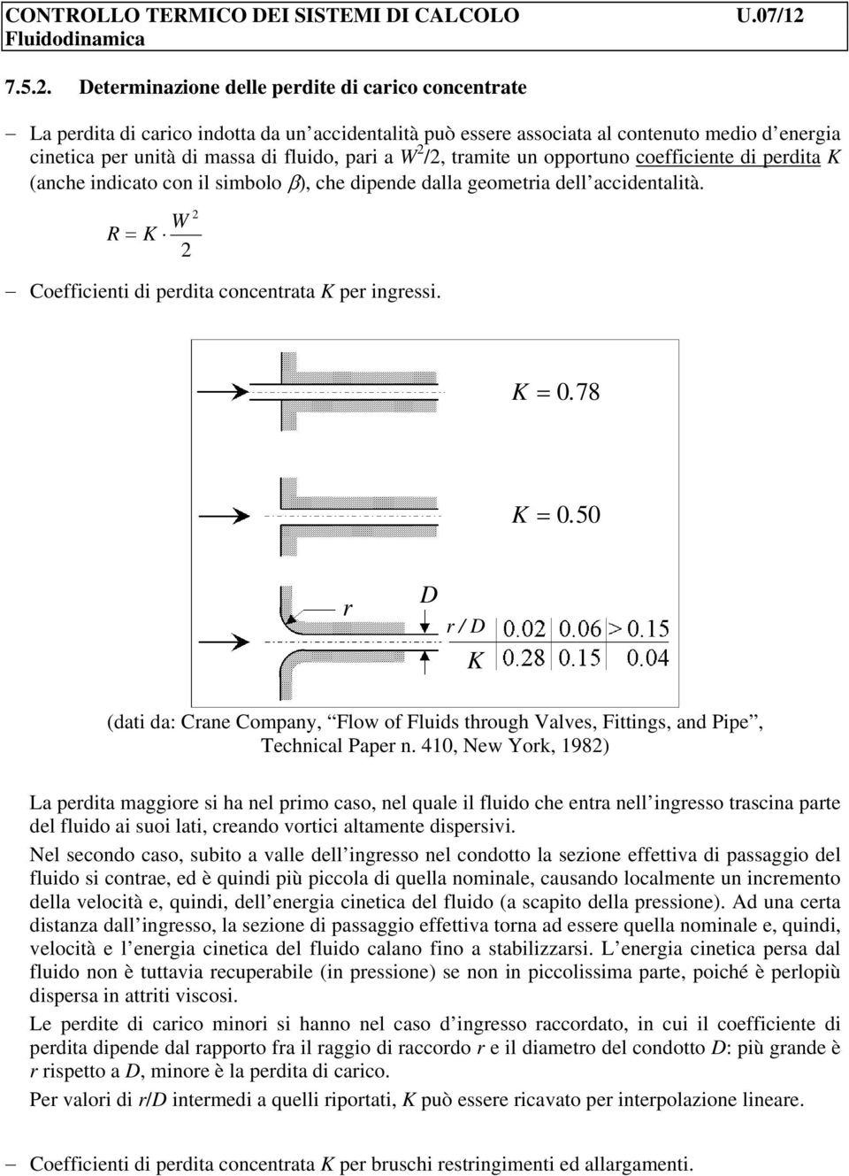 tramite un oortuno coefficiente di erdita K (anche indicato con il simbolo β), che diende dalla geometria dell accidentalità. W R = K Coefficienti di erdita concentrata K er ingressi. K = 0.78 K = 0.