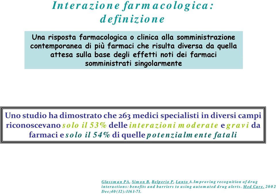 diversi i campi riconoscevano solo il 53% delle interazioni moderate e gravi da farmaci e solo il 54% di quelle potenzialmente fatali Glassman PA,