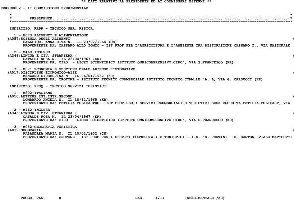 IL 23/02/1964 (CS) PROVENIENTE DA: CASSANO ALLO IONIO - IST PROF PER L'AGRICOLTURA E L'AMBIENTE IPA RISTORAZIONE CASSANO I., VIA NAZIONALE 2 - M460:INGLESE CATALDI ROSA N.