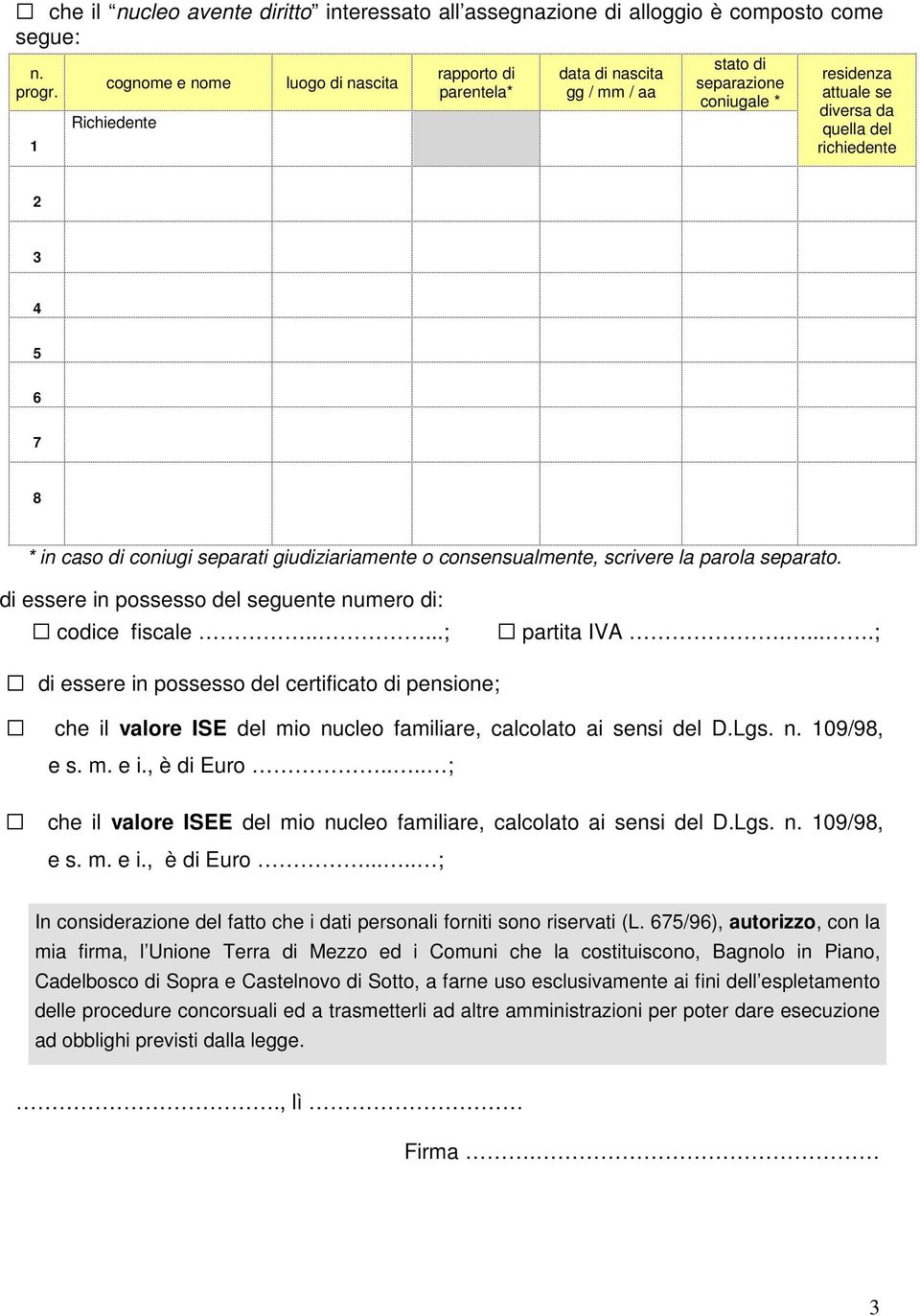 * in caso di coniugi separati giudiziariamente o consensualmente, scrivere la parola separato. di essere in possesso del seguente numero di: codice fiscale.....; partita IVA.