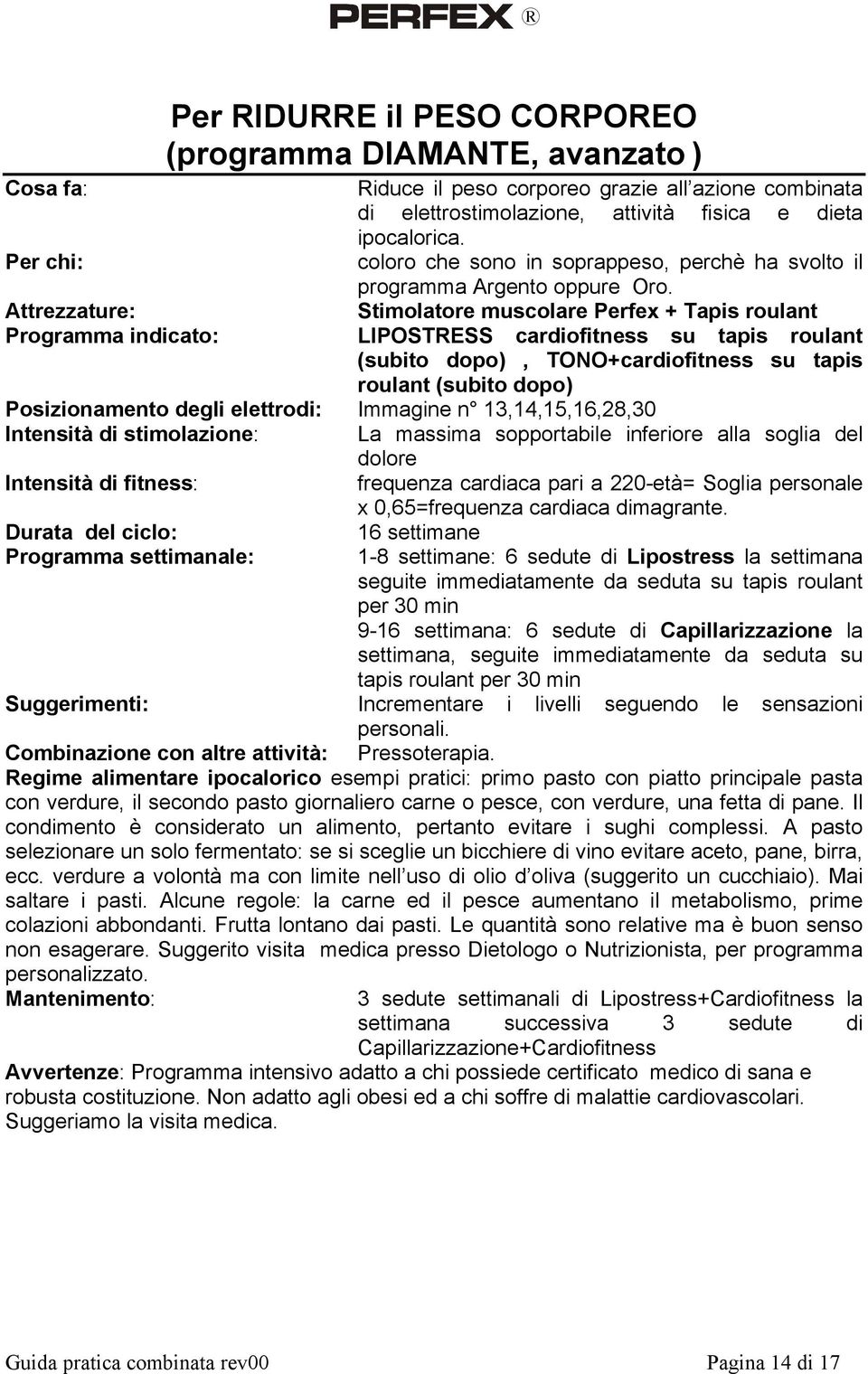 Programma indicato: LIPOSTRESS cardiofitness su tapis roulant (subito dopo), TONO+cardiofitness su tapis roulant (subito dopo) Posizionamento degli elettrodi: Immagine n 13,14,15,16,28,30 Intensità