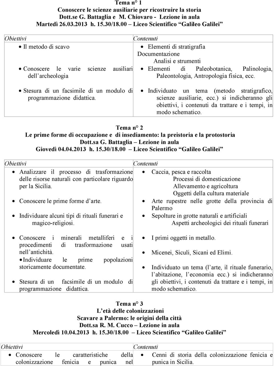 Palinologia, Paleontologia, Antropologia fisica, ecc. Individuato un tema (metodo stratigrafico, scienze ausiliarie, ecc.