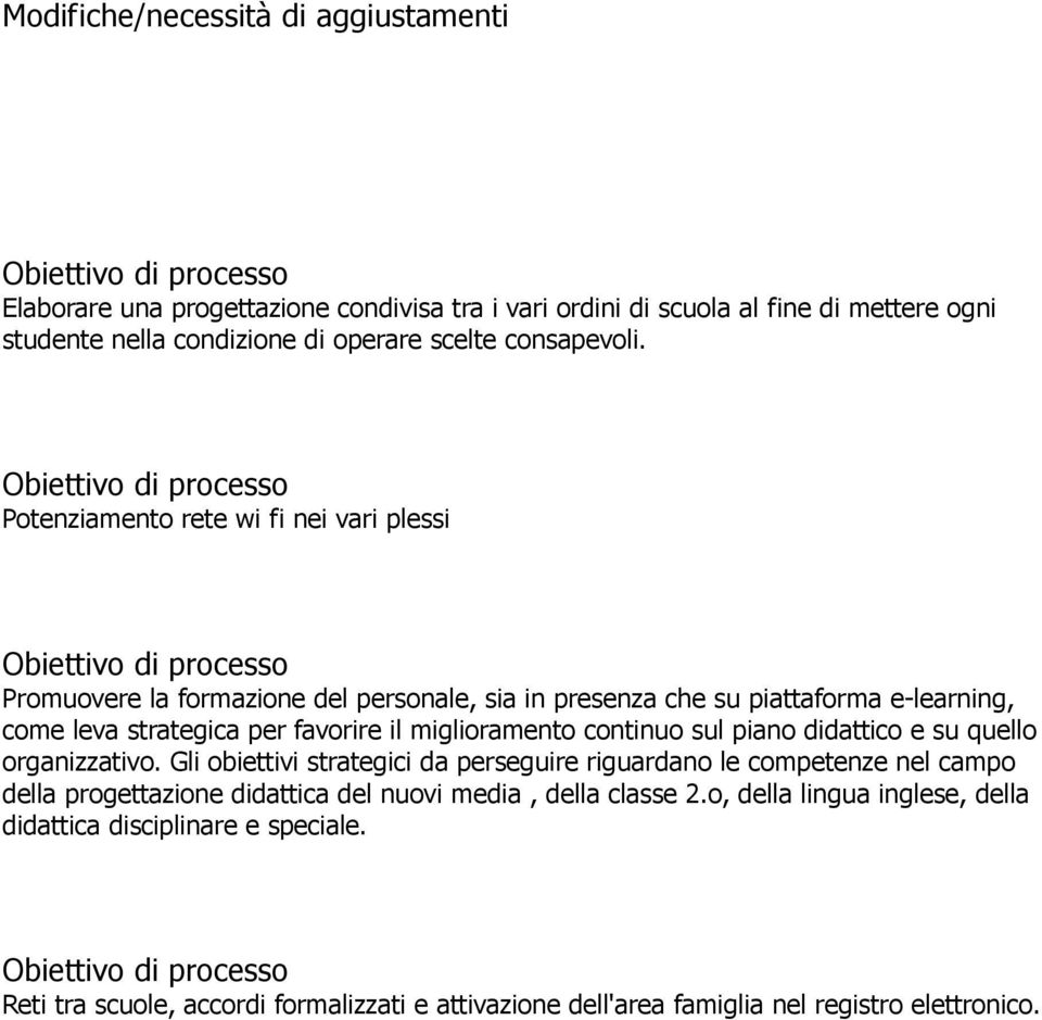 Potenziamento rete wi fi nei vari plessi Promuovere la form del personale, sia in presenza che su piattaforma e-learning, come leva strategica per favorire il miglioramento