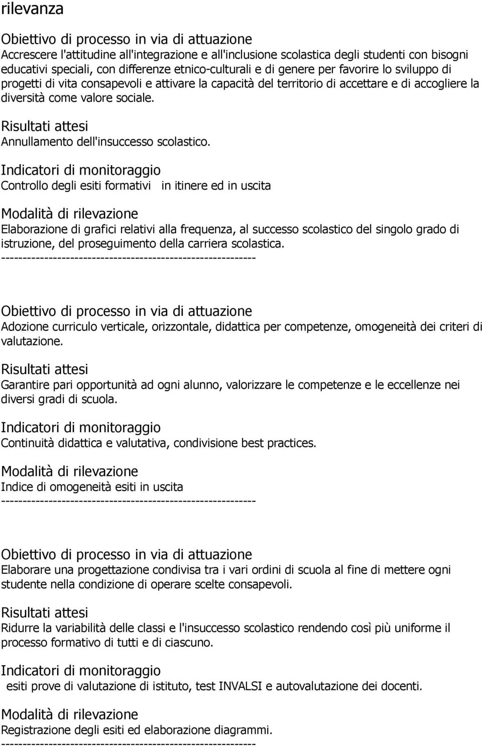 Indicatori di monitoraggio Controllo degli esiti formativi in itinere ed in uscita Modalità di rilev Elabor di grafici relativi alla frequenza, al successo scolastico del singolo grado di istruzione,