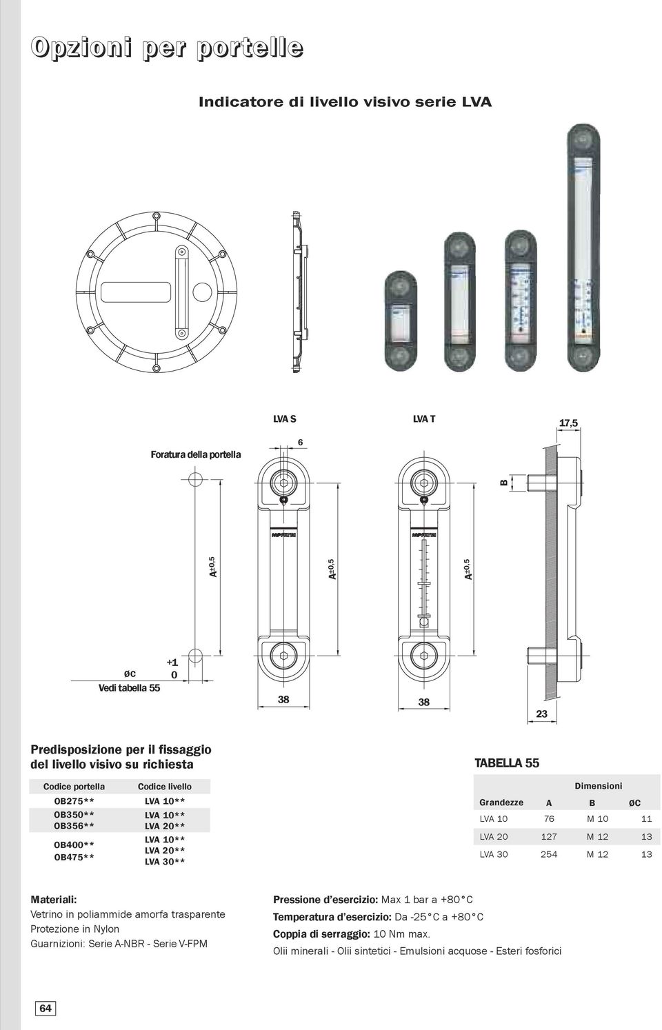 Dimensioni Grandezze A B ØC LVA 10 76 M 10 11 LVA 20 127 M 12 13 LVA 30 254 M 12 13 Materiali: Vetrino in poliammide amorfa trasparente Protezione in Nylon Guarnizioni: Serie A-NBR -