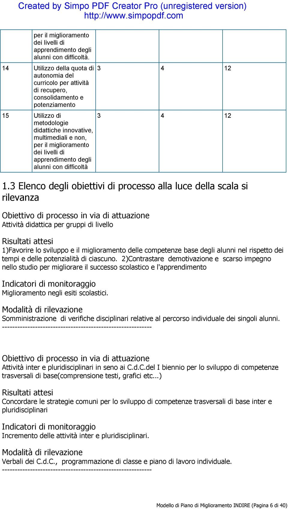 dei livelli di apprendimento degli alunni con difficoltà 3 4 12 3 4 12 1.