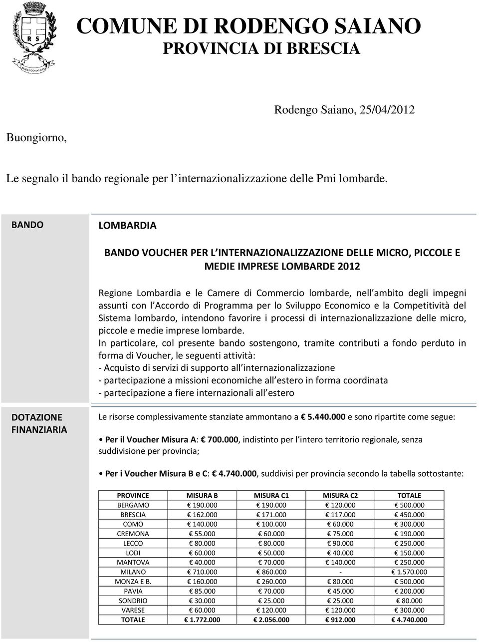 con l Accordo di Programma per lo Sviluppo Economico e la Competitività del Sistema lombardo, intendono favorire i processi di internazionalizzazione delle micro, piccole e medie imprese lombarde.