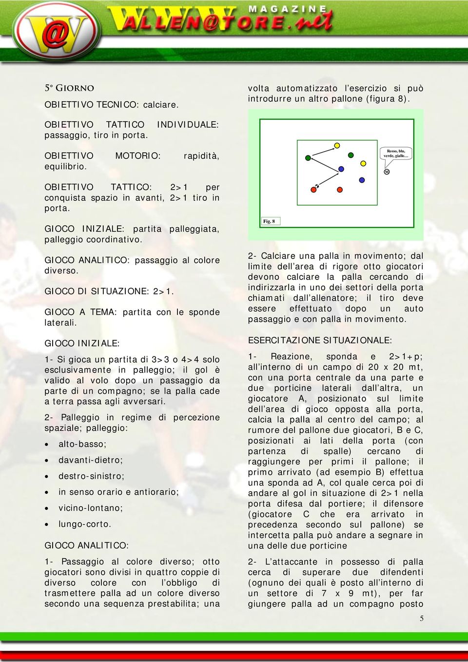 GIOCO INIZIALE: partita palleggiata, palleggio coordinativo. GIOCO ANALITICO: passaggio al colore diverso. GIOCO DI SITUAZIONE: 2>1. GIOCO A TEMA: partita con le sponde laterali.