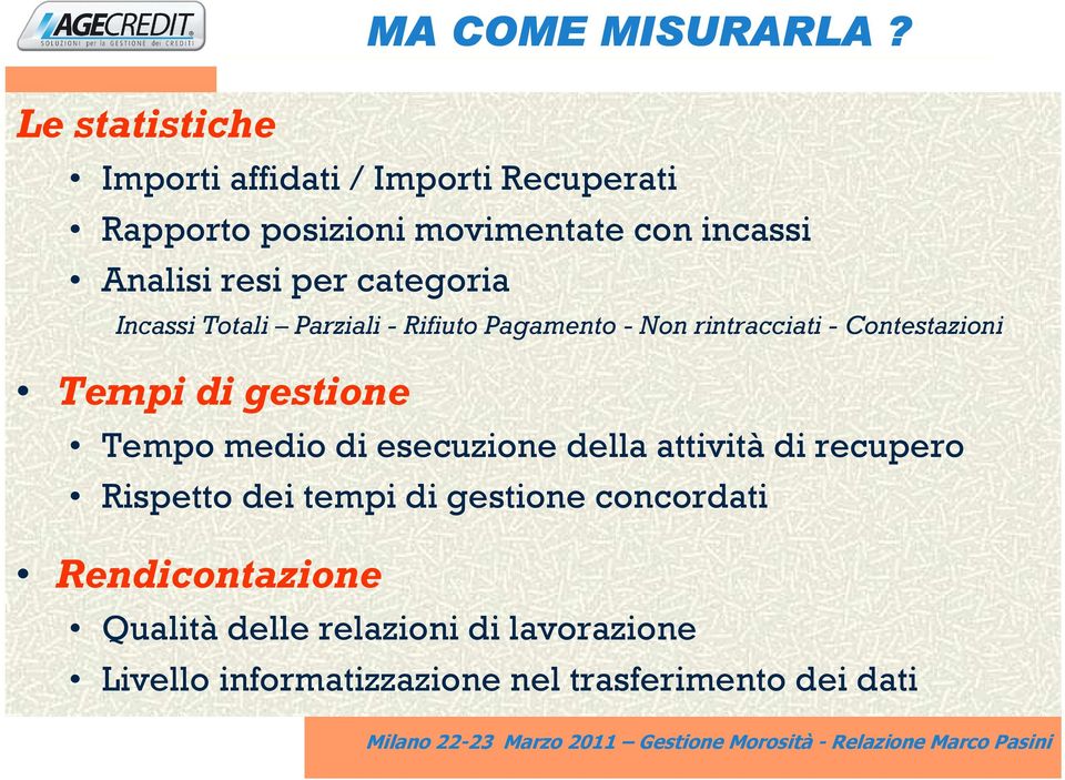 per categoria Incassi Totali Parziali - Rifiuto Pagamento - Non rintracciati - Contestazioni Tempi di gestione