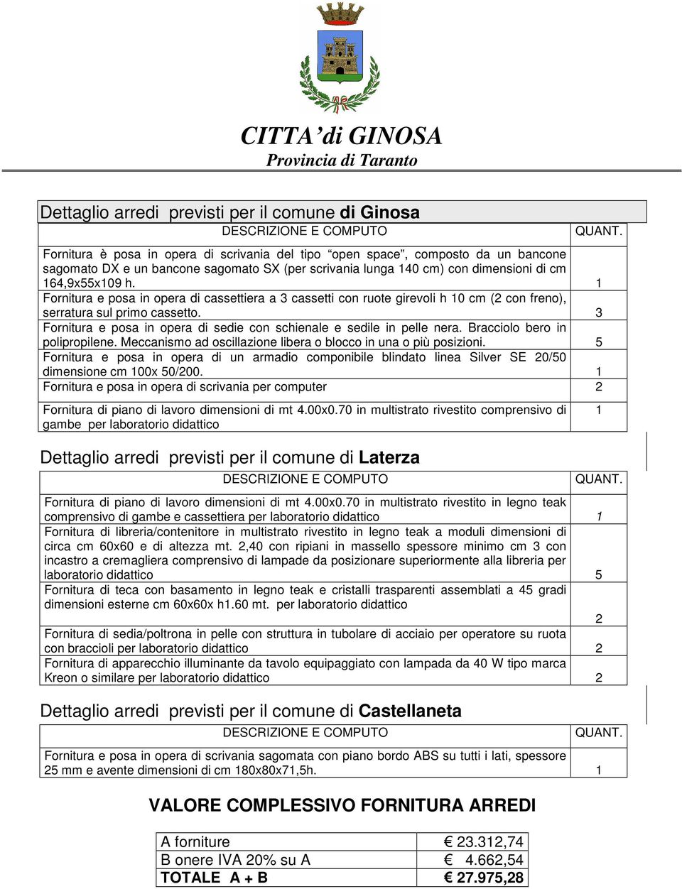 1 Fornitura e posa in opera di cassettiera a 3 cassetti con ruote girevoli h 10 cm (2 con freno), serratura sul primo cassetto.