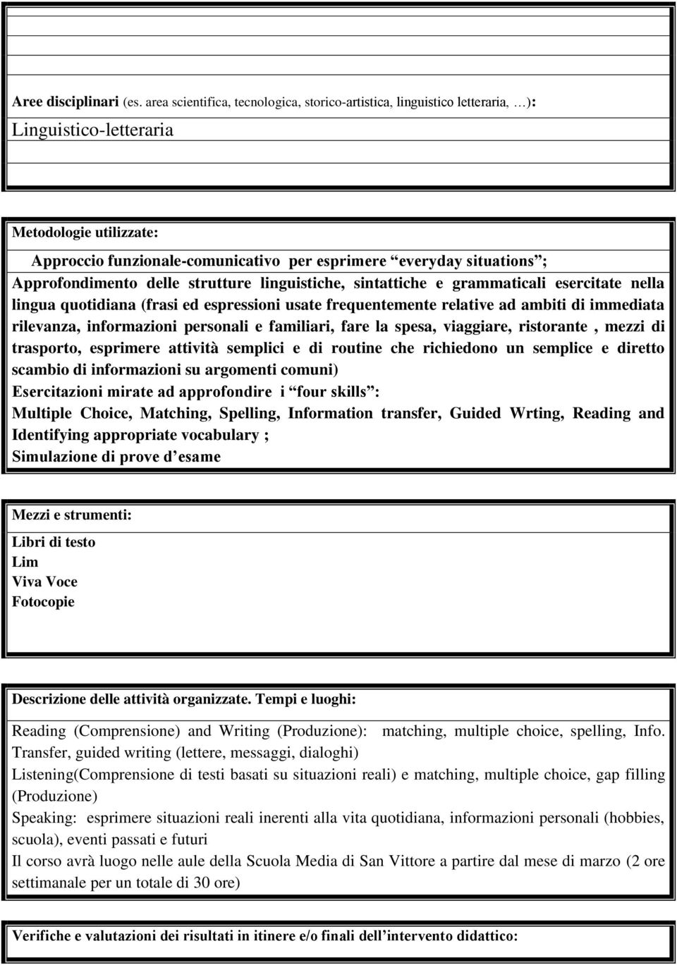 Approfondimento delle strutture linguistiche, sintattiche e grammaticali esercitate nella lingua quotidiana (frasi ed espressioni usate frequentemente relative ad ambiti di immediata rilevanza,