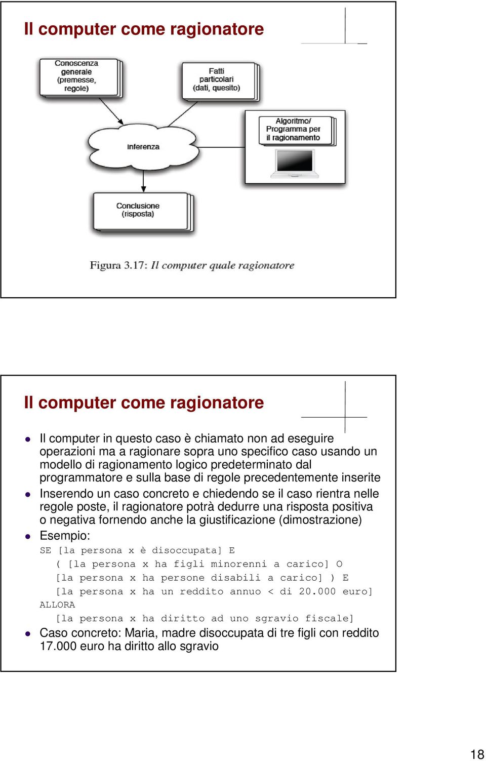 risposta positiva o negativa fornendo anche la giustificazione (dimostrazione) Esempio: SE [la persona x è disoccupata] E ( [la persona x ha figli minorenni a carico] O [la persona x ha persone