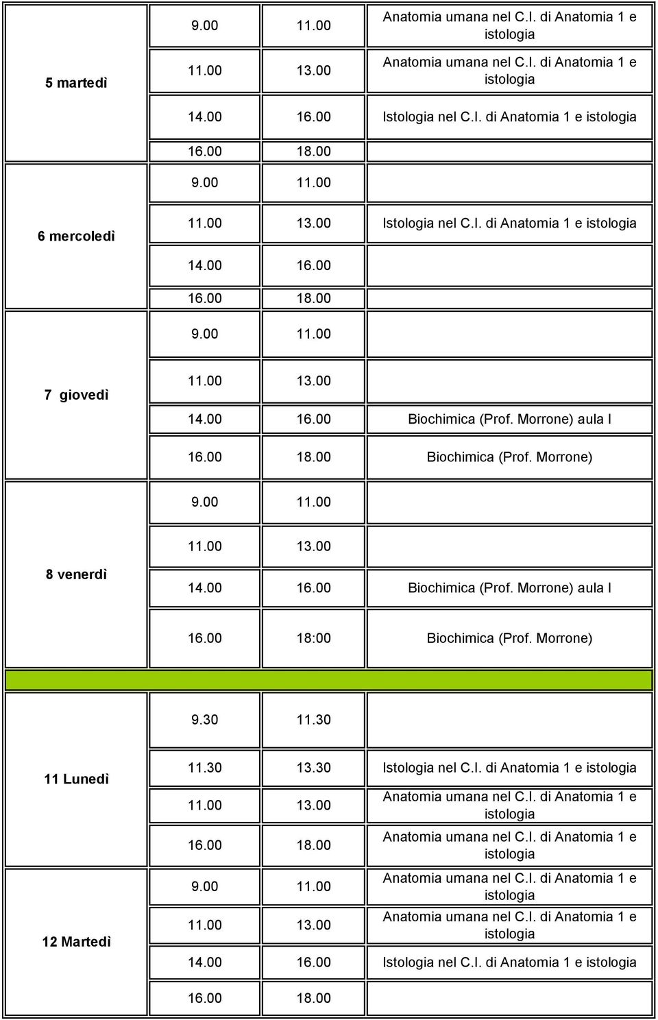 Morrone) 8 venerdì Biochimica (Prof. Morrone) aula I 16.00 18:00 Biochimica (Prof.