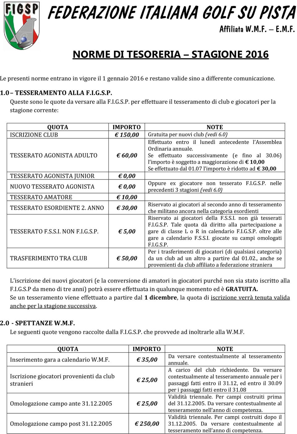 0) TESSERATO AGONISTA ADULTO 60,00 Effettuato entro il lunedì antecedente l Assemblea Ordinaria annuale. Se effettuato successivamente (e fino al 30.