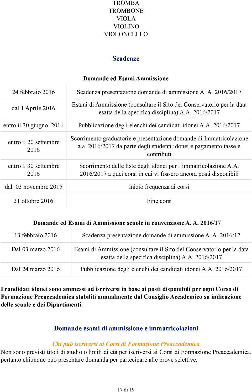 A. 2016/2017 dal 1 Aprile 2016 Esami di Ammissione (consultare il Sito del Conservatorio per la data esatta della specifica disciplina) A.A. 2016/2017 entro il 30 giugno 2016 Pubblicazione degli elenchi dei candidati idonei A.