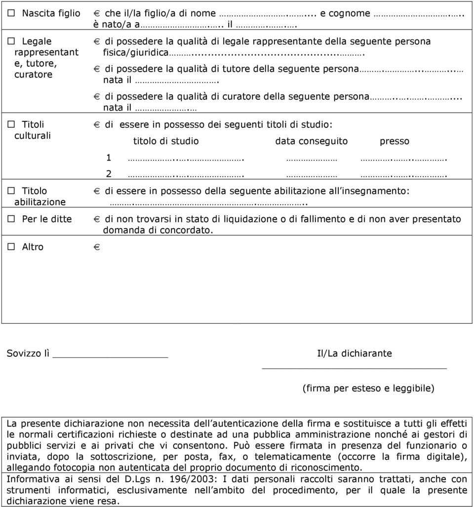 .. Legale rappresentant e, tutore, curatore Titoli culturali Titolo abilitazione Per le ditte Altro di possedere la qualità di legale rappresentante della seguente persona fisica/giuridica.