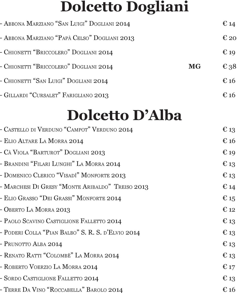 2013 19 - Brandini Filari Lunghi La Morra 2014 13 - Domenico Clerico Visadì Monforte 2013 13 - Marchesi Di Gresy Monte Aribaldo Treiso 2013 14 - Elio Grasso Dei Grassi Monforte 2014 15 - Oberto La