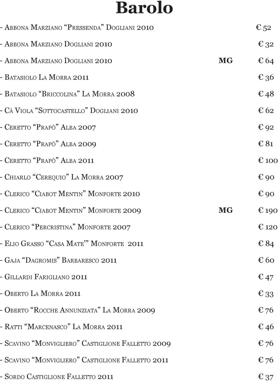 90 - Clerico Ciabot Mentin Monforte 2009 MG 190 - Clerico Percristina Monforte 2007 120 - Elio Grasso Casa Mate Monforte 2011 84 - Gaja Dagromis Barbaresco 2011 60 - Gillardi Farigliano 2011 47 -