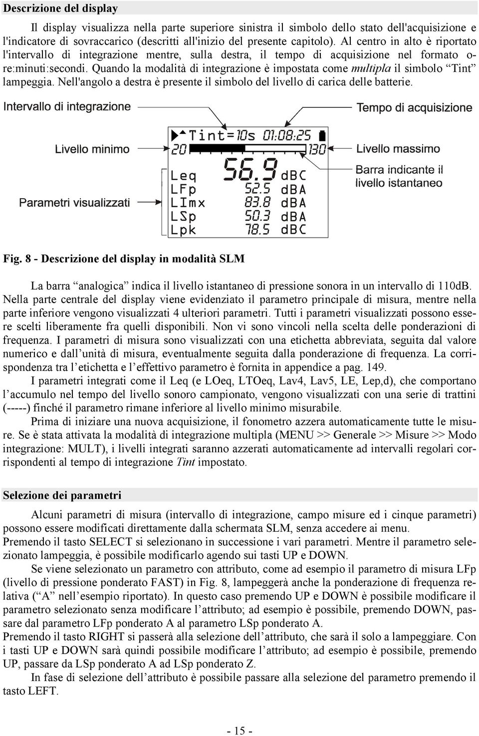 Quando la modalità di integrazione è impostata come multipla il simbolo Tint lampeggia. Nell'angolo a destra è presente il simbolo del livello di carica delle batterie. Fig.