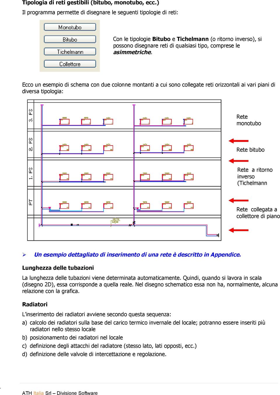 Ecco un esempio di schema con due colonne montanti a cui sono collegate reti orizzontali ai vari piani di diversa tipologia: Rete monotubo Rete bitubo Rete a ritorno inverso (Tichelmann Rete