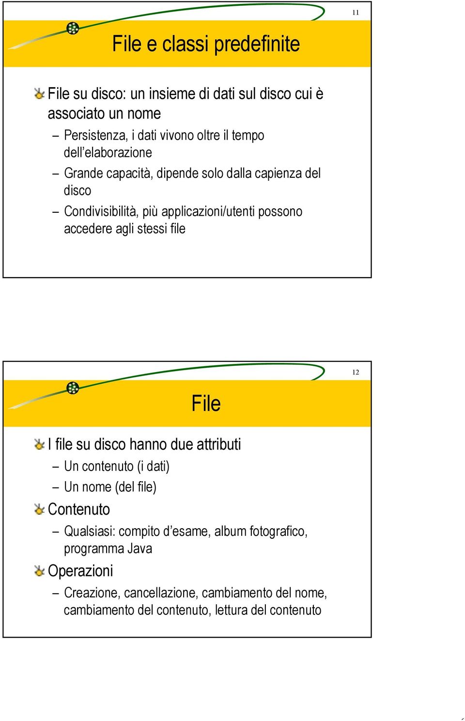 agli stessi file 12 File I file su disco hanno due attributi Un contenuto (i dati) Un nome (del file) Contenuto Qualsiasi: compito d