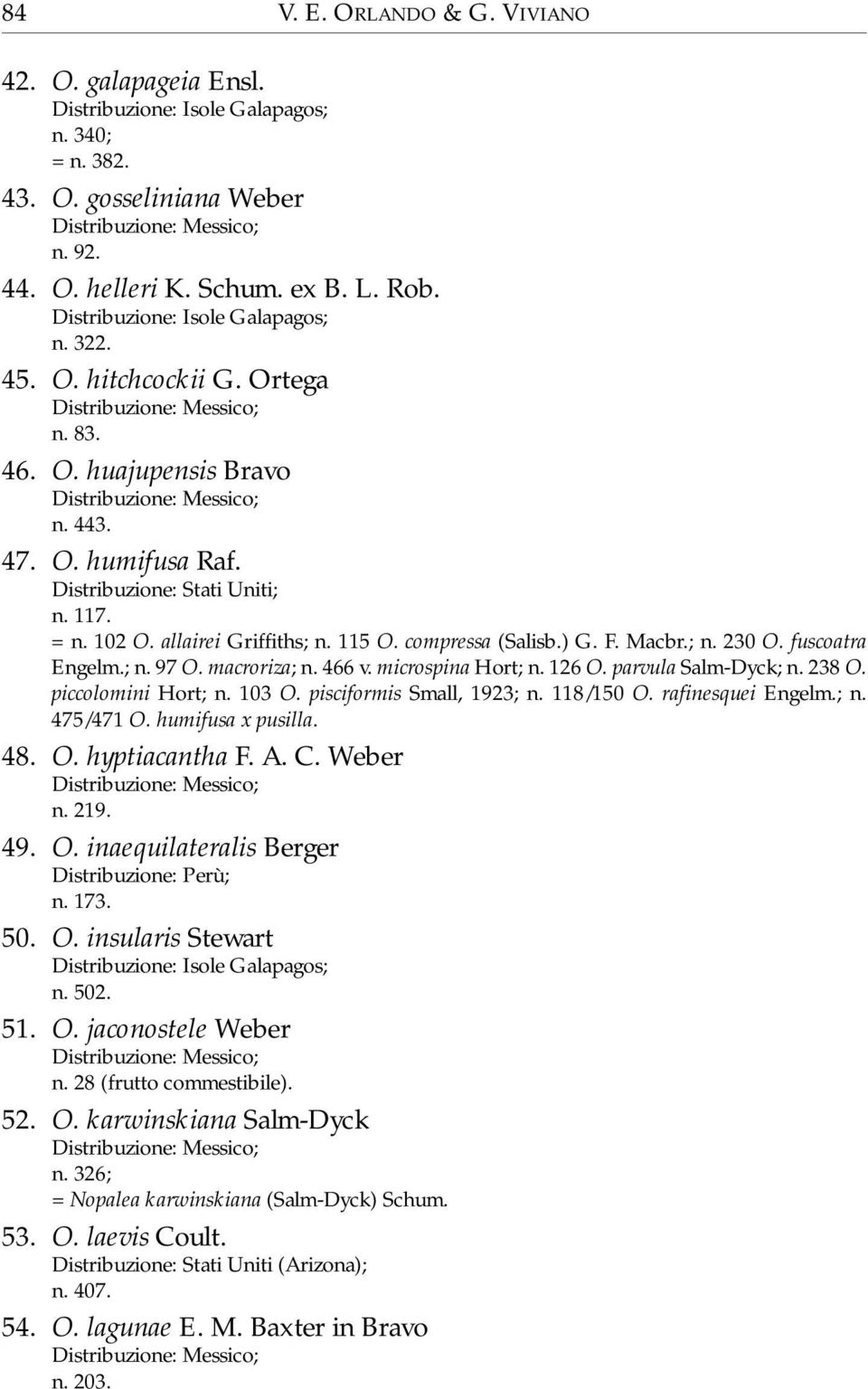 115 O. compressa (Salisb.) G. F. Macbr.; n. 230 O. fuscoatra Engelm.; n. 97 O. macroriza; n. 466 v. microspina Hort; n. 126 O. parvula Salm-Dyck; n. 238 O. piccolomini Hort; n. 103 O.