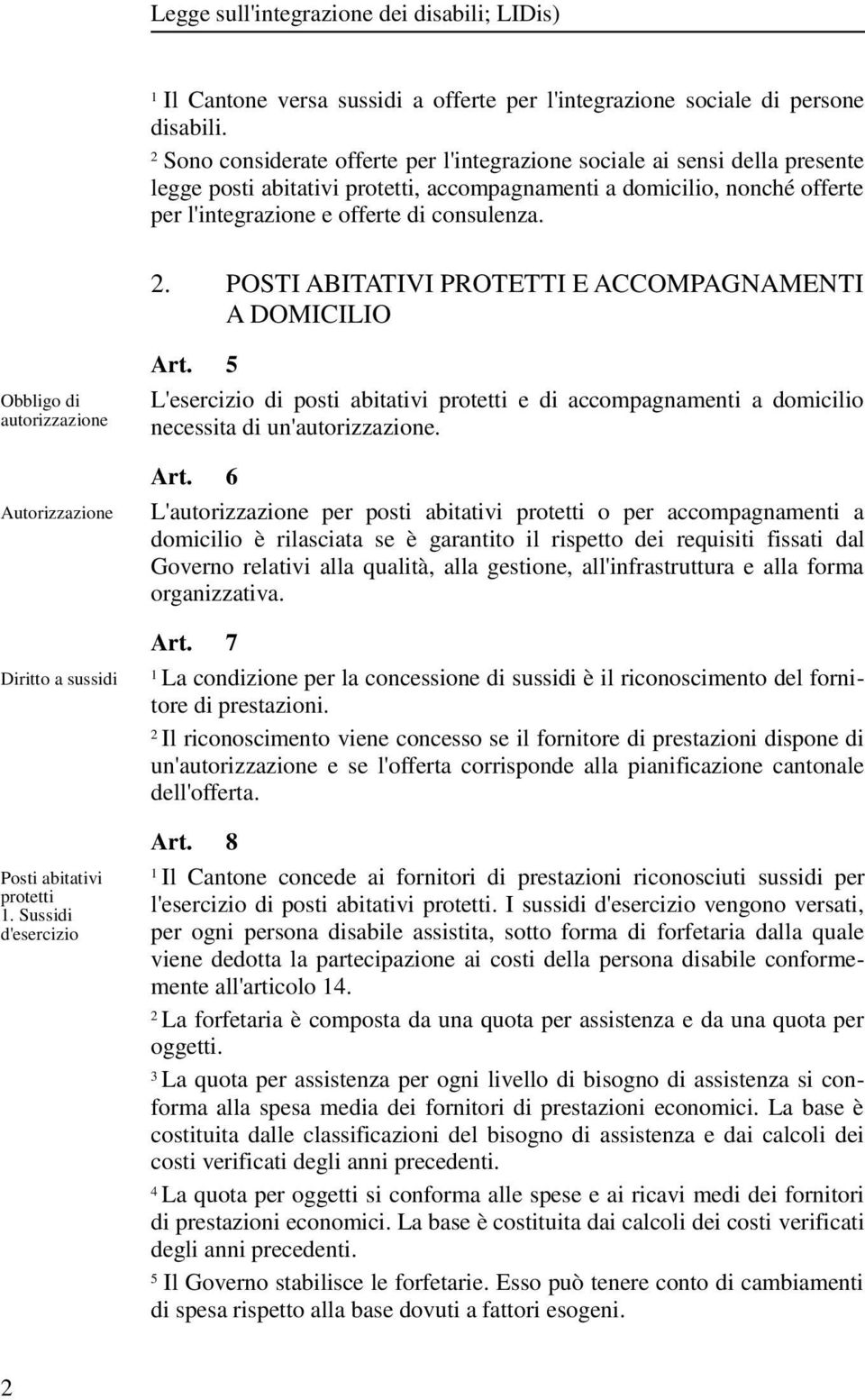 . POSTI ABITATIVI PROTETTI E ACCOMPAGNAMENTI A DOMICILIO Obbligo di autorizzazione Autorizzazione Diritto a sussidi Posti abitativi protetti. Sussidi d'esercizio Art.