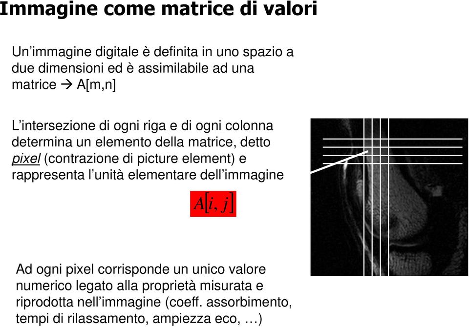 di picture element) e rappresenta l unità elementare dell immagine [ i j] A, Ad ogni pixel corrisponde un unico valore