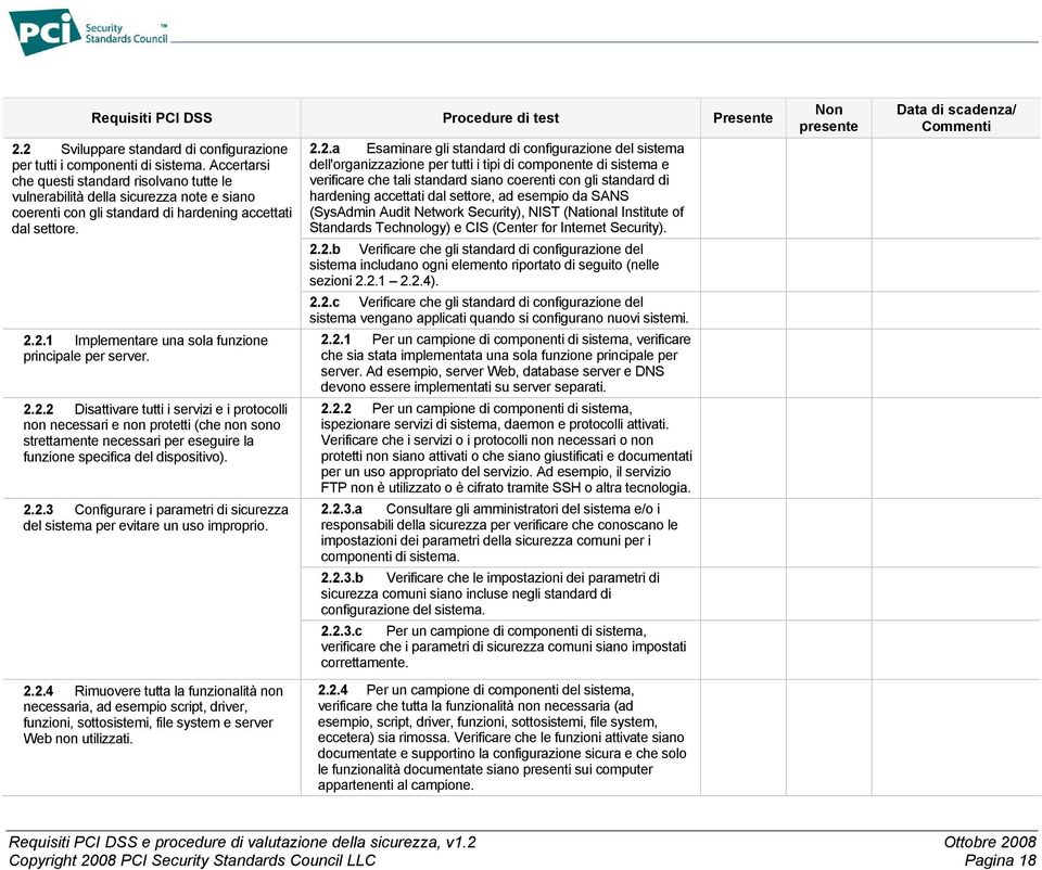 2.1 Implementare una sola funzione principale per server. 2.2.2 Disattivare tutti i servizi e i protocolli non necessari e non protetti (che non sono strettamente necessari per eseguire la funzione specifica del dispositivo).