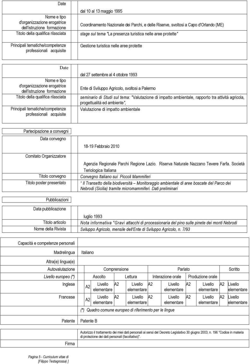 progettualità ed ambiente", Valutazione di impatto ambientale Partecipazione a convegni Data convegno Comitato Organizzatore Titolo convegno Titolo poster presentato 18-19 Febbraio 2010 Agenzia